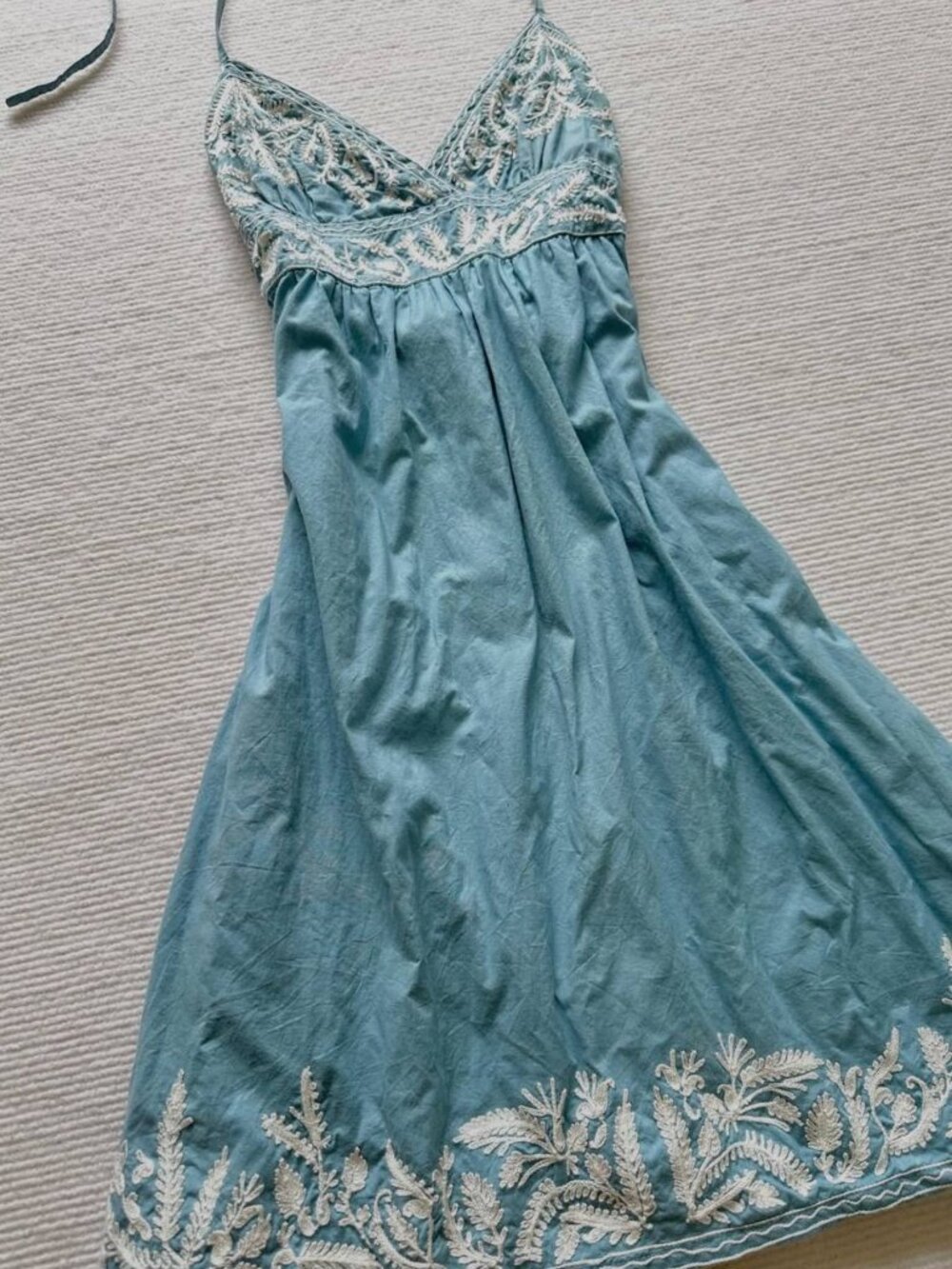 Vintage Teal Blue Embroidered Halter Maxi Dress Floral Boho Summer Beach Dress - Picture 5 of 6